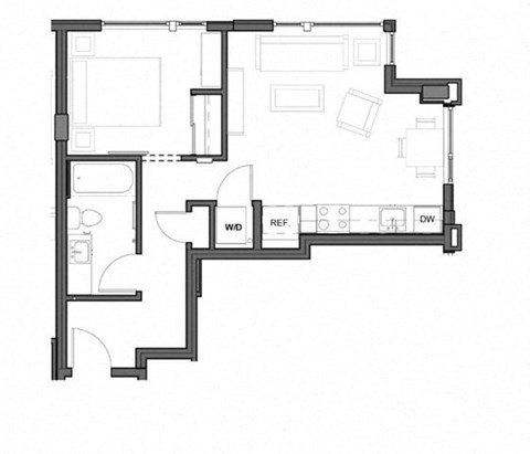 Floor plan for 1 bed, 1 bath, 580 sqft
